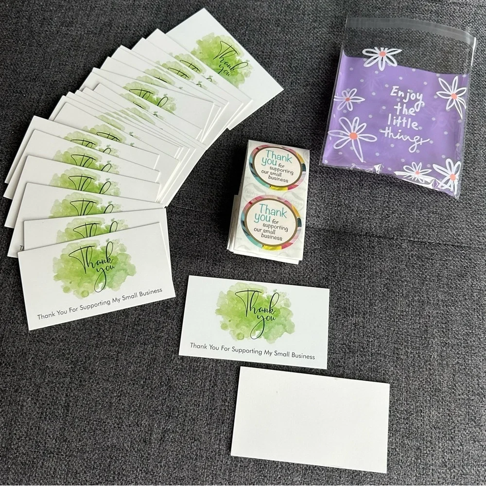 25 THANK YOU Business Cards + 25 Stickers, Starter Set, Watercolor, GREEN